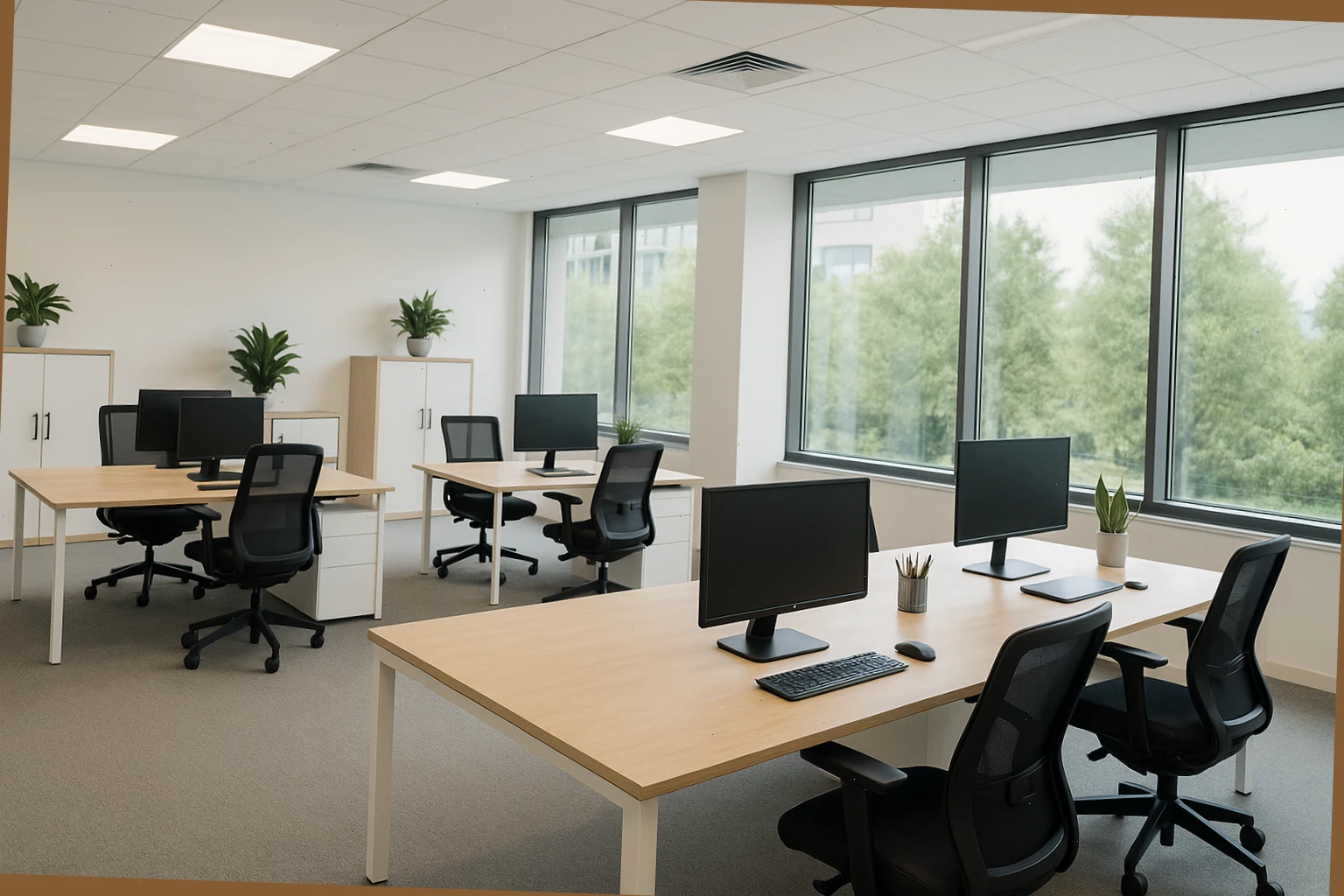 Clean open-plan office with tidy desks and natural light