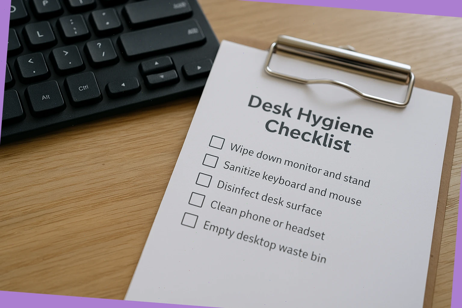 Desk hygiene checklist beside a keyboard