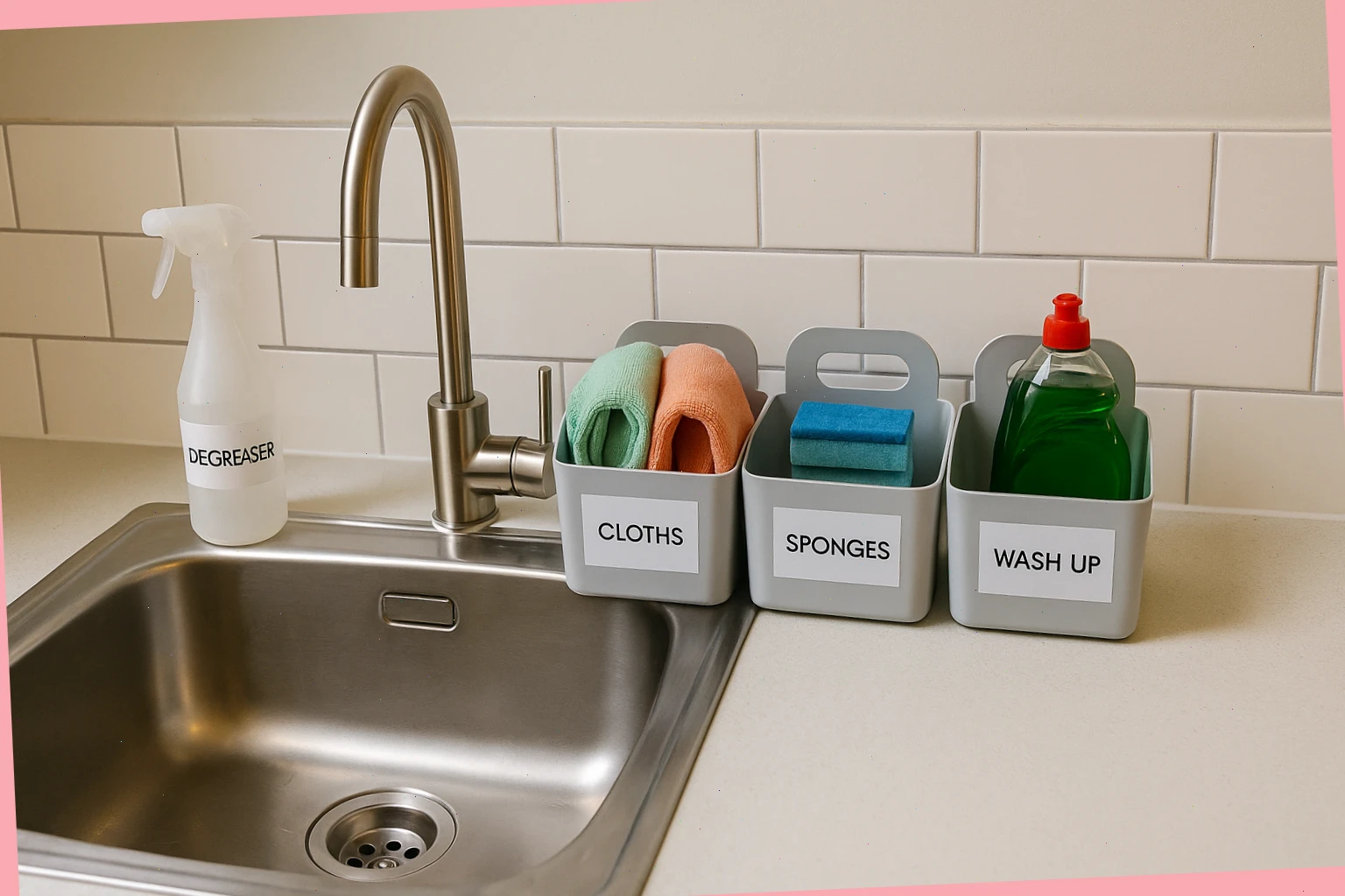 Kitchenette sink with labelled caddies