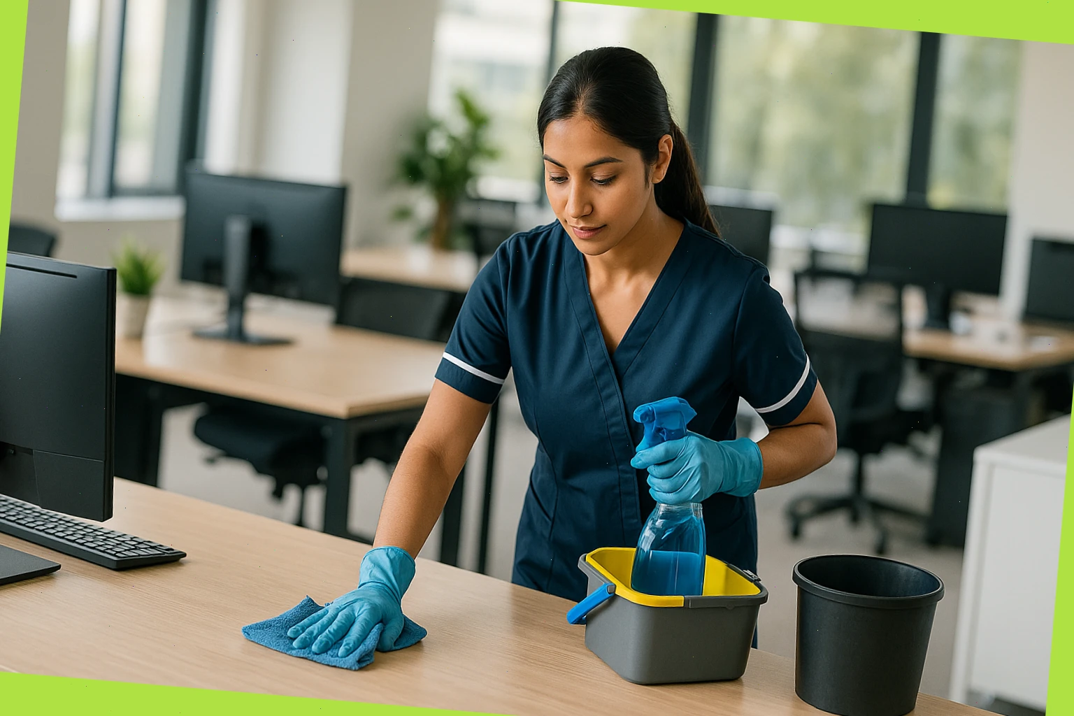 Daily office clean: desks, bins, touch-points